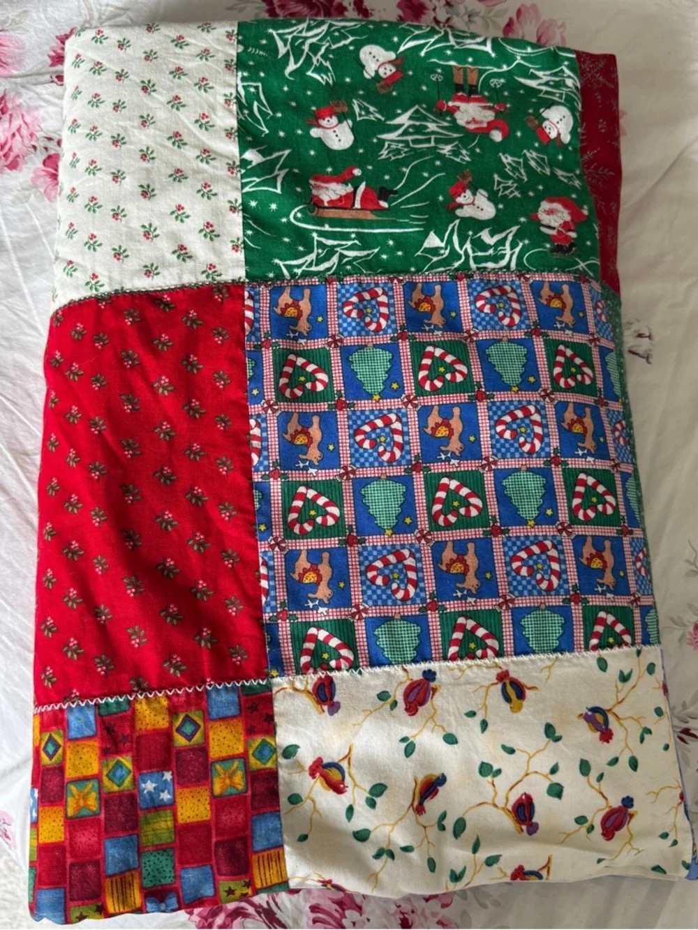 Vtg Handmade Christmas Patchwork Cotton Shower Curtain 70” X 72” Table Cloth Red